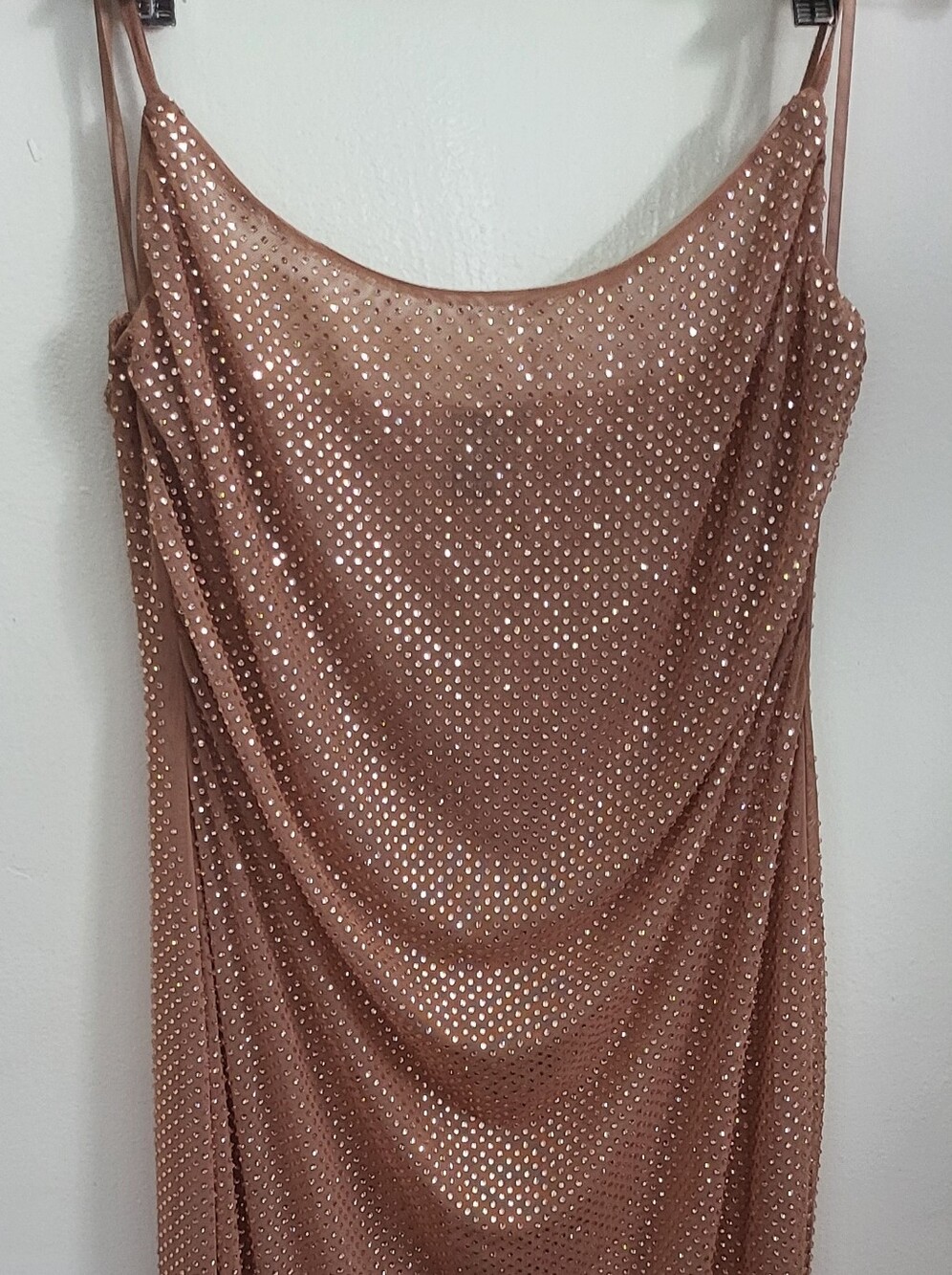 Windsor Rose Gold Rhinestone Mesh Spaghetti Strap Formal Maxi Dress Size L